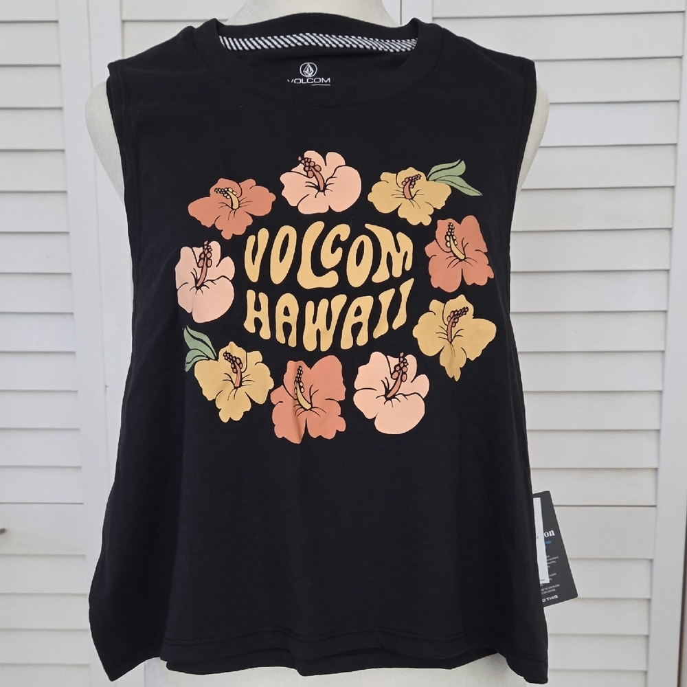 Volcom Black and Gold Sleeveless Crop Muscle Tee